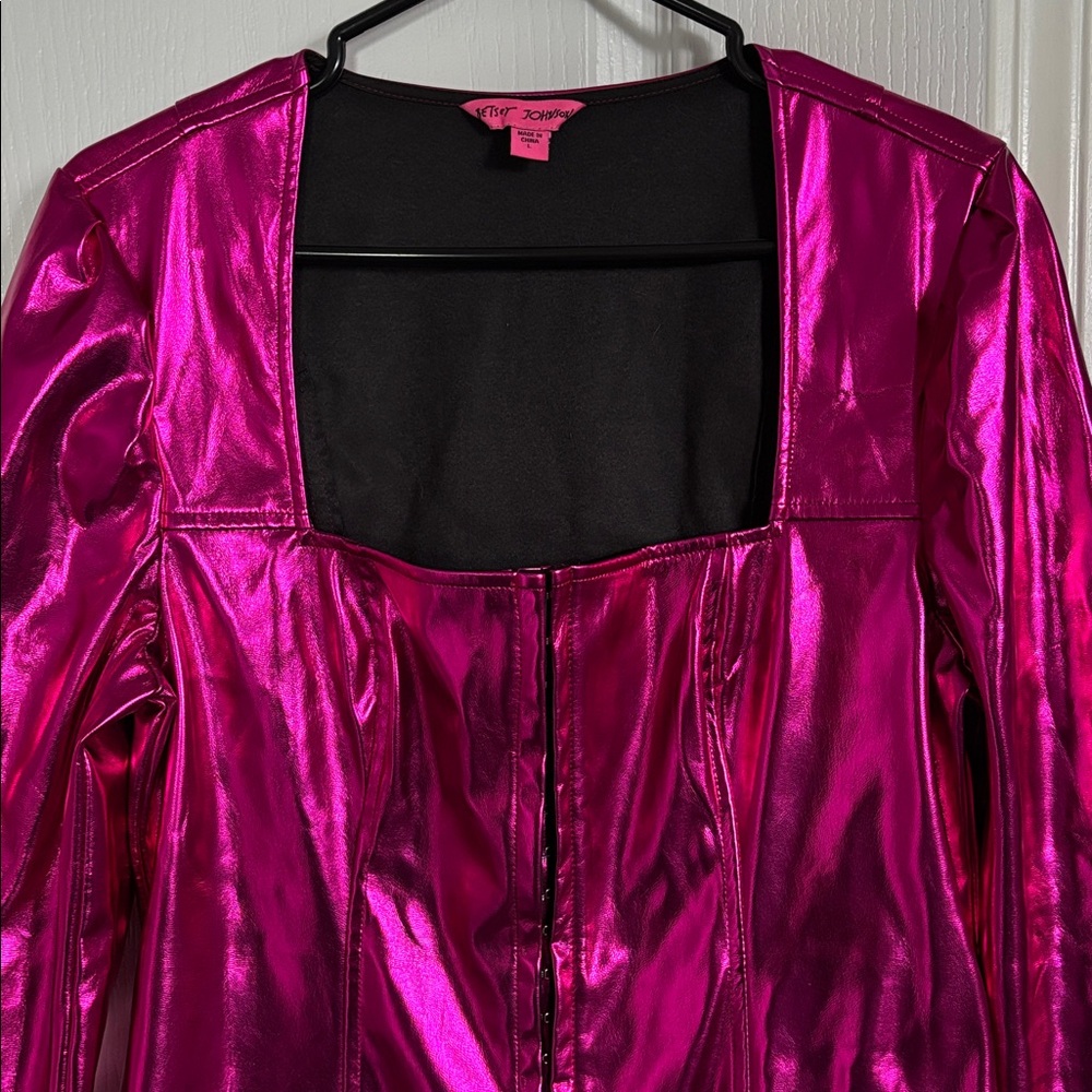 Betsey Johnson Pink Metallic Mini Dress Large Y2K Party Club Barbiecore - Picture 3 of 9